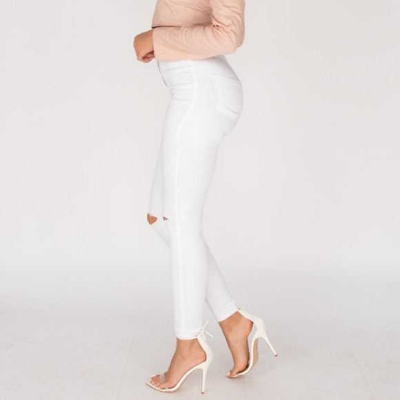 White High Waist Ripped Distressed Skinny Denim Jeggings Pants - Picture 3 of 7